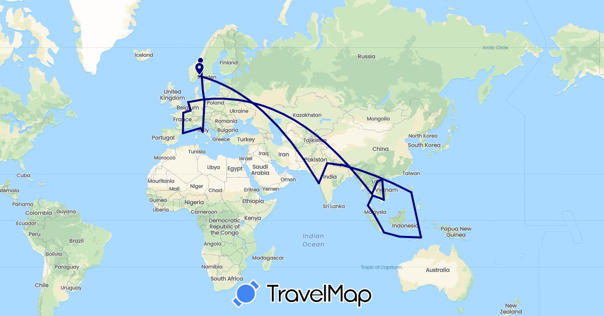 TravelMap itinerary: driving in Germany, Denmark, Spain, France, Indonesia, India, Italy, Cambodia, Laos, Luxembourg, Malaysia, Netherlands, Norway, Nepal, Philippines, Thailand, East Timor, Vietnam (Asia, Europe)