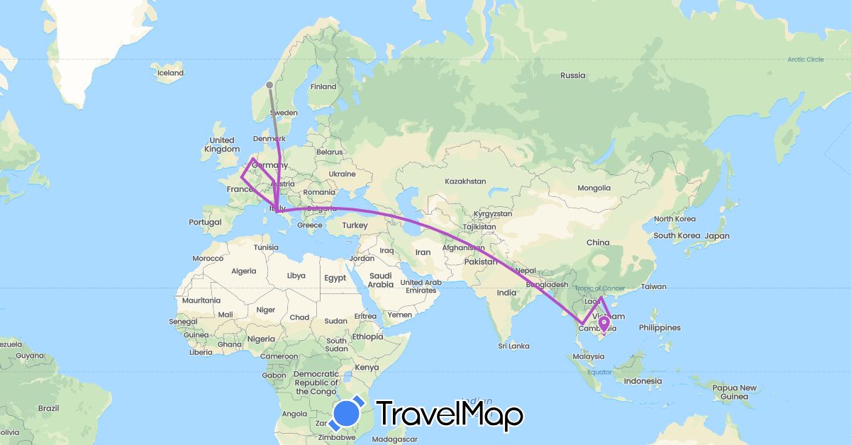 TravelMap itinerary: driving, plane, train in Switzerland, Germany, Denmark, France, Italy, Netherlands, Norway, Thailand, Vatican City, Vietnam (Asia, Europe)