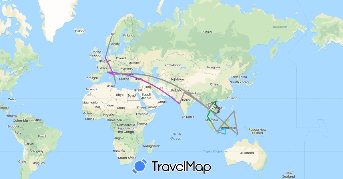 TravelMap itinerary: driving, bus, plane, train, boat, motorbike in France, Indonesia, India, Italy, Cambodia, Laos, Malta, Malaysia, Netherlands, Norway, Nepal, Philippines, Thailand, East Timor, Vietnam (Asia, Europe)